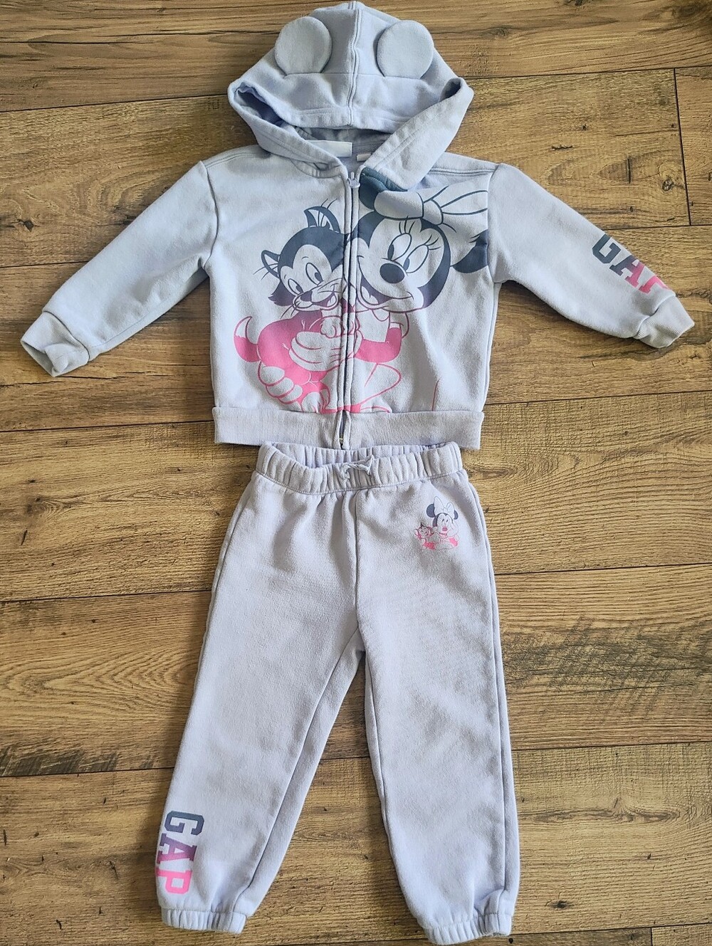 GAP Baby Minnie & Figaro Hoodie Jogger Set - Light Gray & Pink